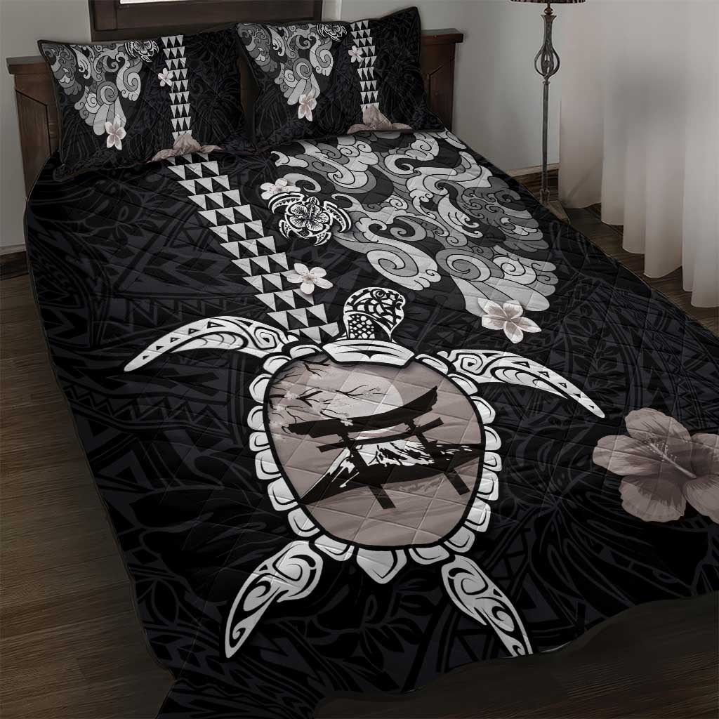Hawaiian and Japanese Together Quilt Bed Set Japanese Culture and Turtle Kakau Tattoo Black Color LT03 Black - Polynesian Pride