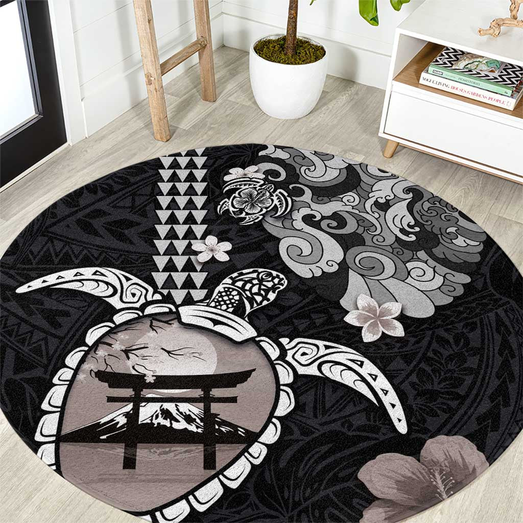 Hawaiian and Japanese Together Round Carpet Japanese Culture and Turtle Kakau Tattoo Black Color LT03 Black - Polynesian Pride