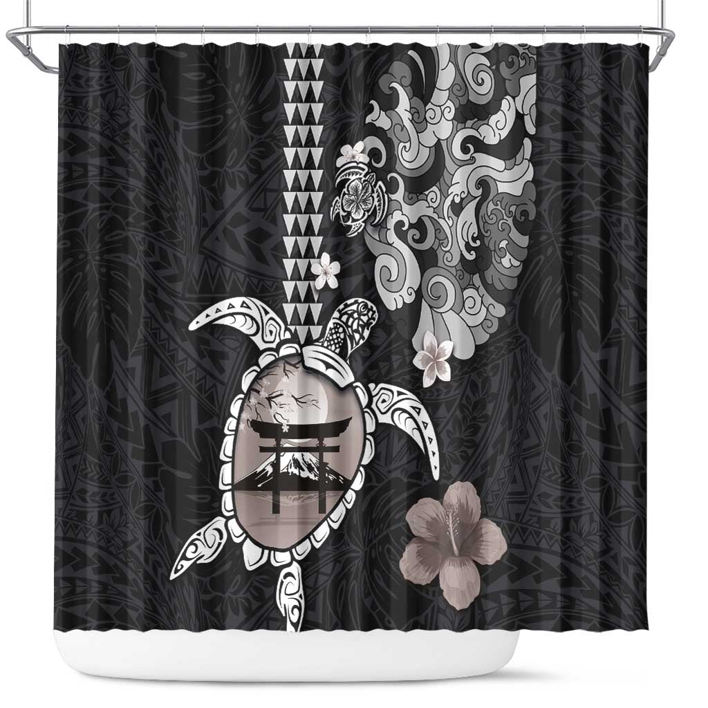 Hawaiian and Japanese Together Shower Curtain Japanese Culture and Turtle Kakau Tattoo Black Color