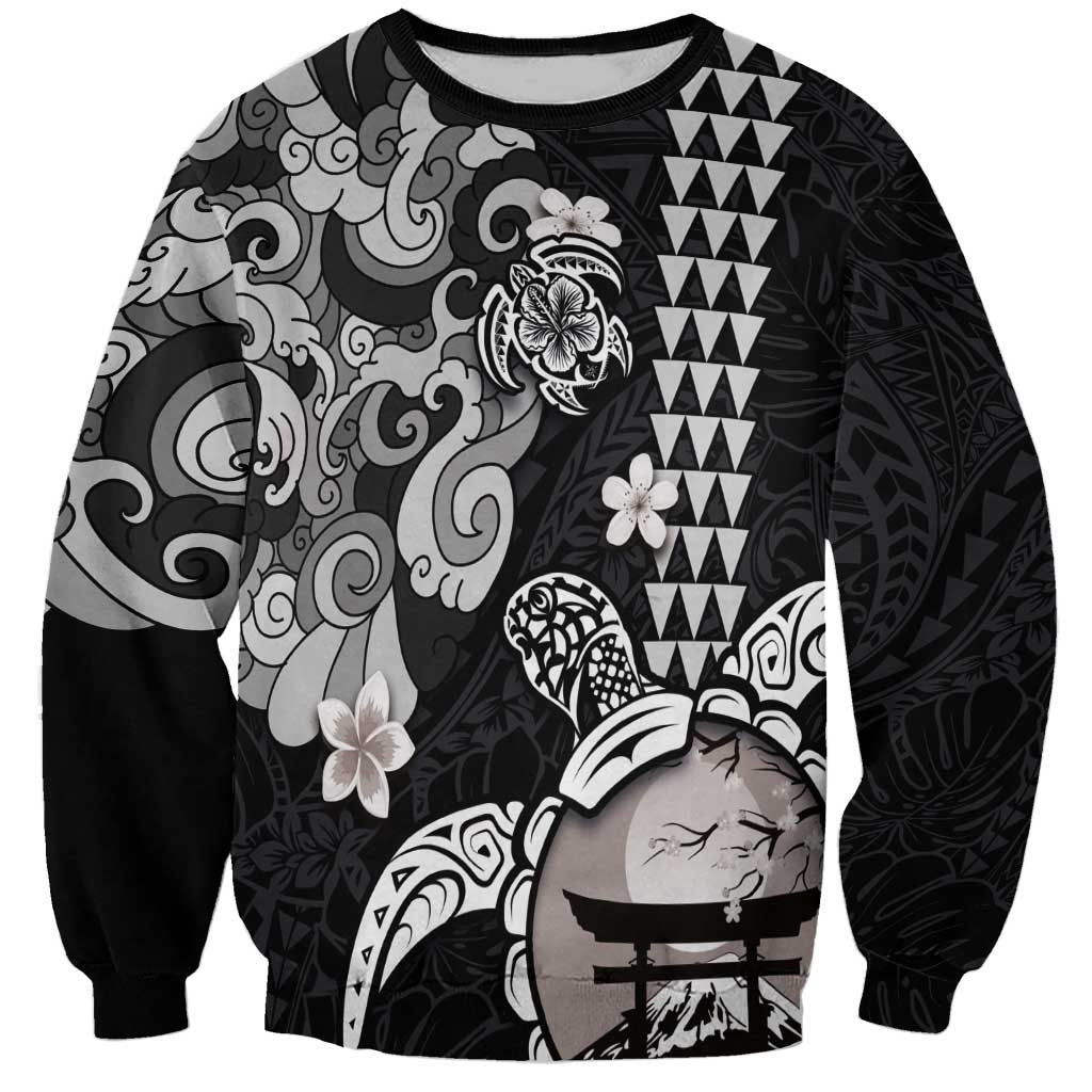 Hawaiian and Japanese Together Sweatshirt Japanese Culture and Turtle Kakau Tattoo Black Color LT03 Unisex Black - Polynesian Pride