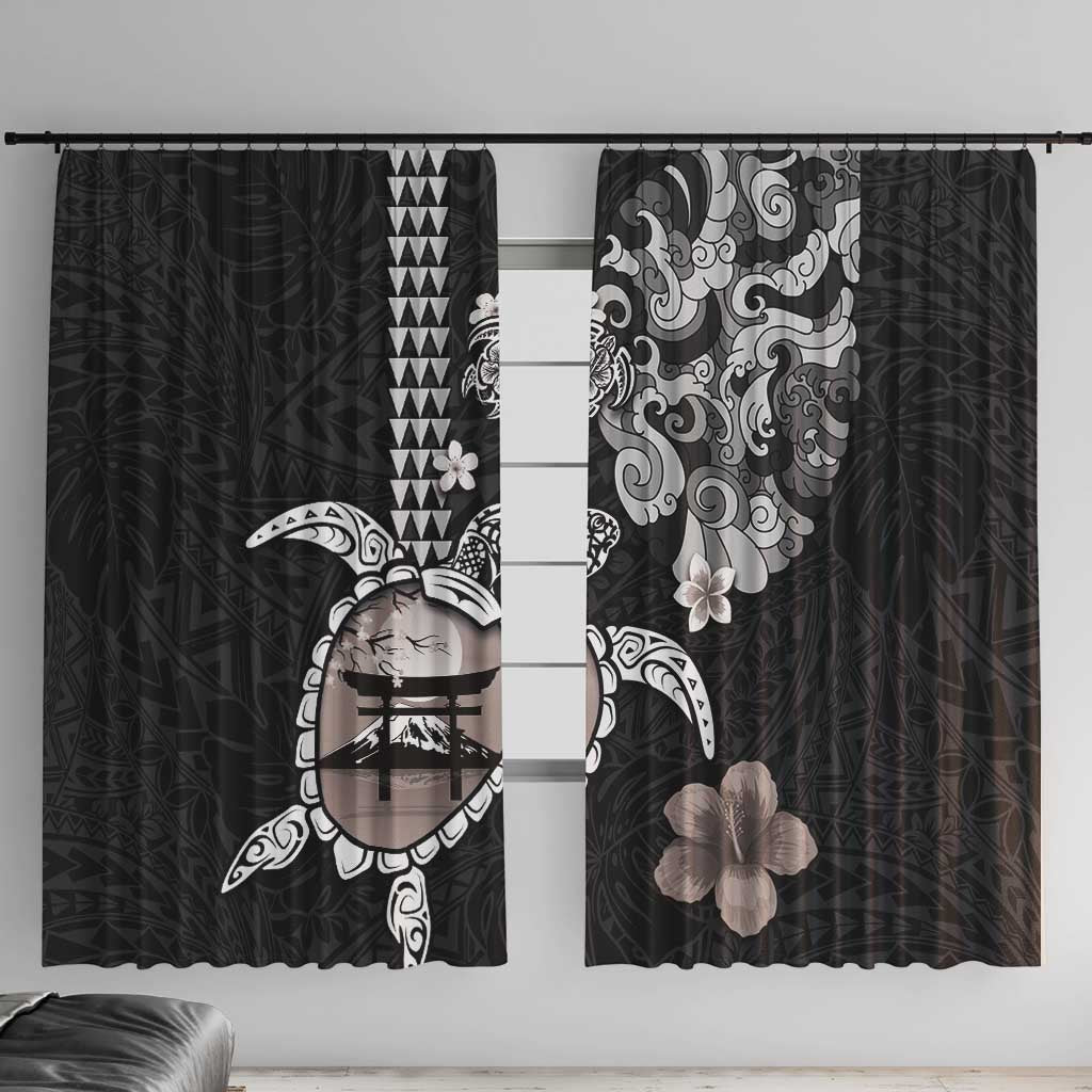 Hawaiian and Japanese Together Window Curtain Japanese Culture and Turtle Kakau Tattoo Black Color LT03 With Hooks Black - Polynesian Pride