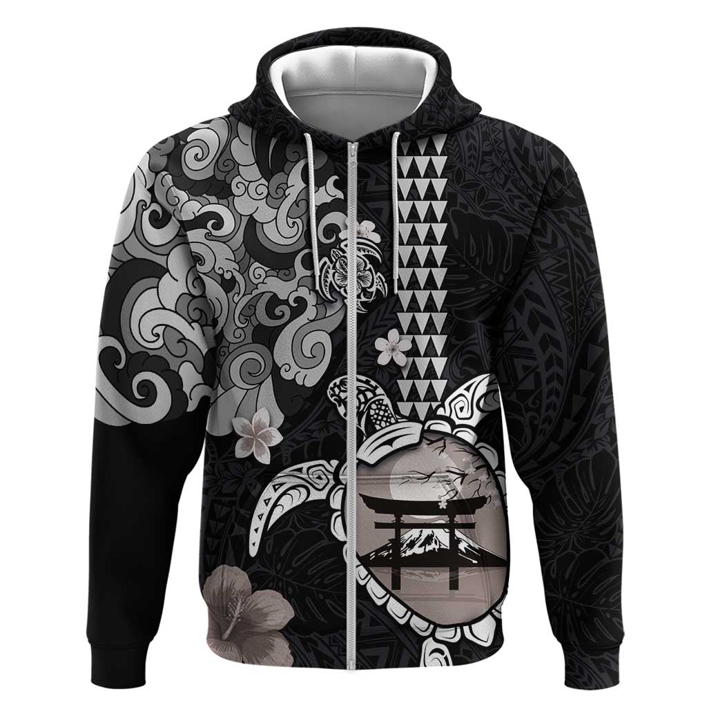 Hawaiian and Japanese Together Zip Hoodie Japanese Culture and Turtle Kakau Tattoo Black Color