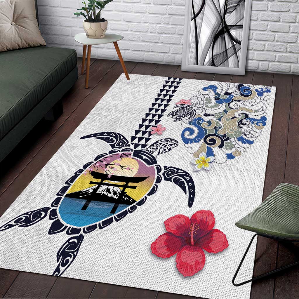 Hawaiian and Japanese Together Area Rug Japanese Culture and Turtle Kakau Tattoo White Color LT03 White - Polynesian Pride
