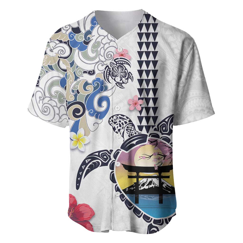 Hawaiian and Japanese Together Baseball Jersey Japanese Culture and Turtle Kakau Tattoo White Color LT03 White - Polynesian Pride