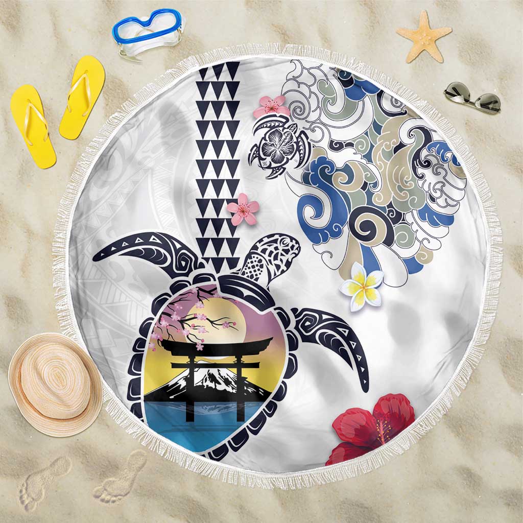 Hawaiian and Japanese Together Beach Blanket Japanese Culture and Turtle Kakau Tattoo White Color LT03 One Size 150cm White - Polynesian Pride