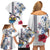 Hawaiian and Japanese Together Family Matching Off Shoulder Short Dress and Hawaiian Shirt Japanese Culture and Turtle Kakau Tattoo White Color