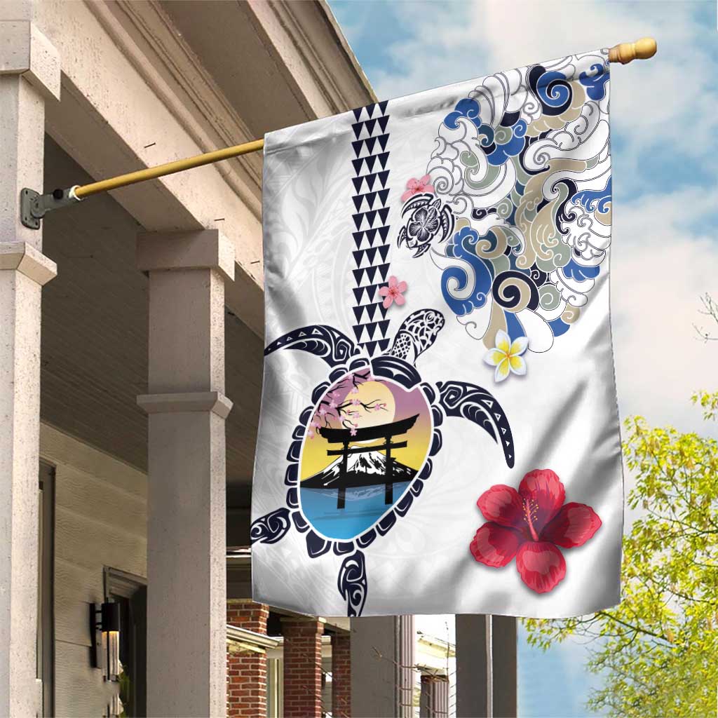 Hawaiian and Japanese Together Garden Flag Japanese Culture and Turtle Kakau Tattoo White Color LT03 House Flag White - Polynesian Pride
