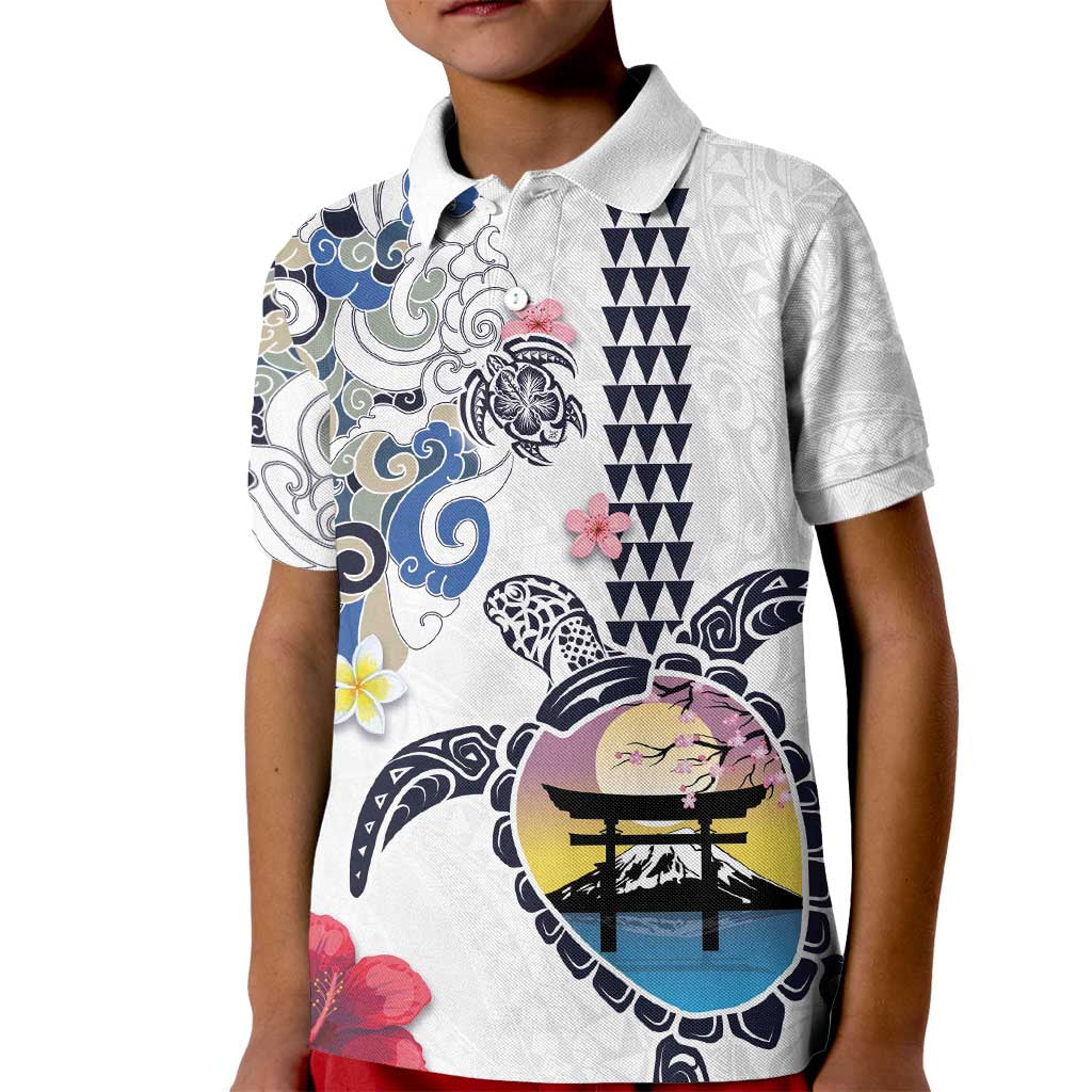 Hawaiian and Japanese Together Kid Polo Shirt Japanese Culture and Turtle Kakau Tattoo White Color