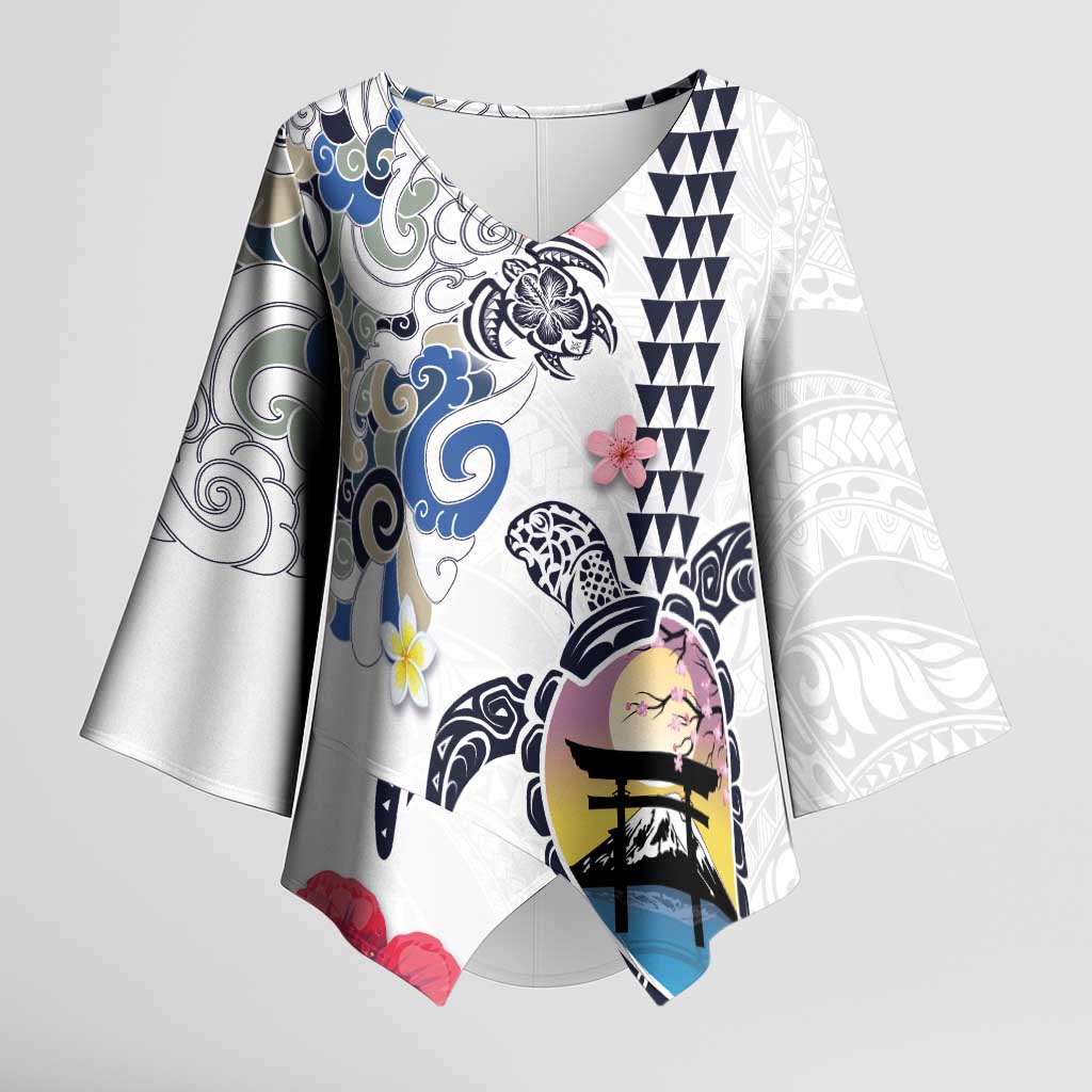 Hawaiian and Japanese Together Kimono Sleeve Blouse Japanese Culture and Turtle Kakau Tattoo White Color LT03 Female White - Polynesian Pride