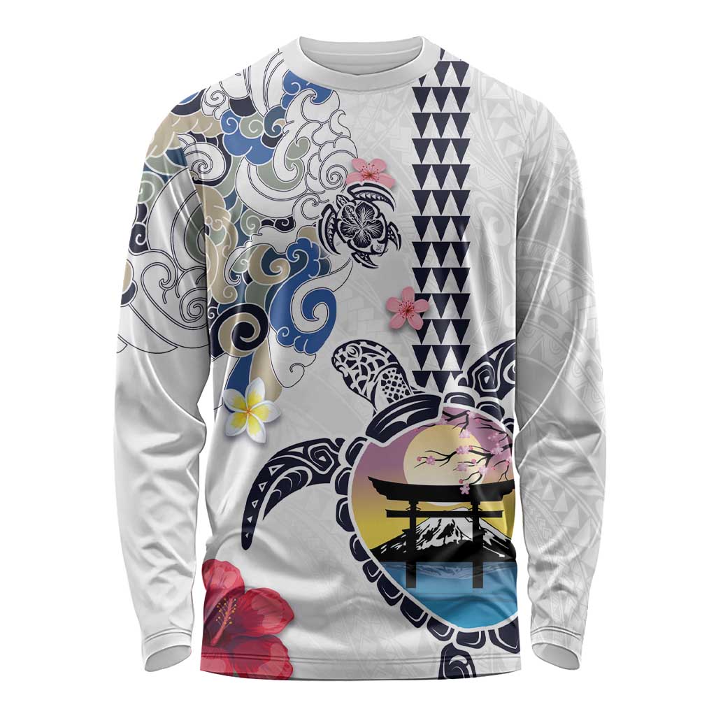 Hawaiian and Japanese Together Long Sleeve Shirt Japanese Culture and Turtle Kakau Tattoo White Color LT03 Unisex White - Polynesian Pride