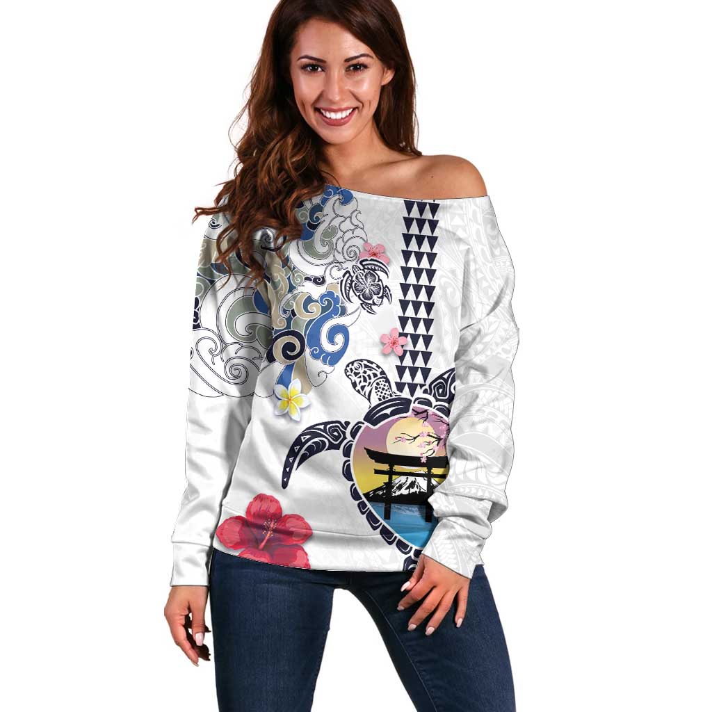 Hawaiian and Japanese Together Off Shoulder Sweater Japanese Culture and Turtle Kakau Tattoo White Color LT03 Women White - Polynesian Pride