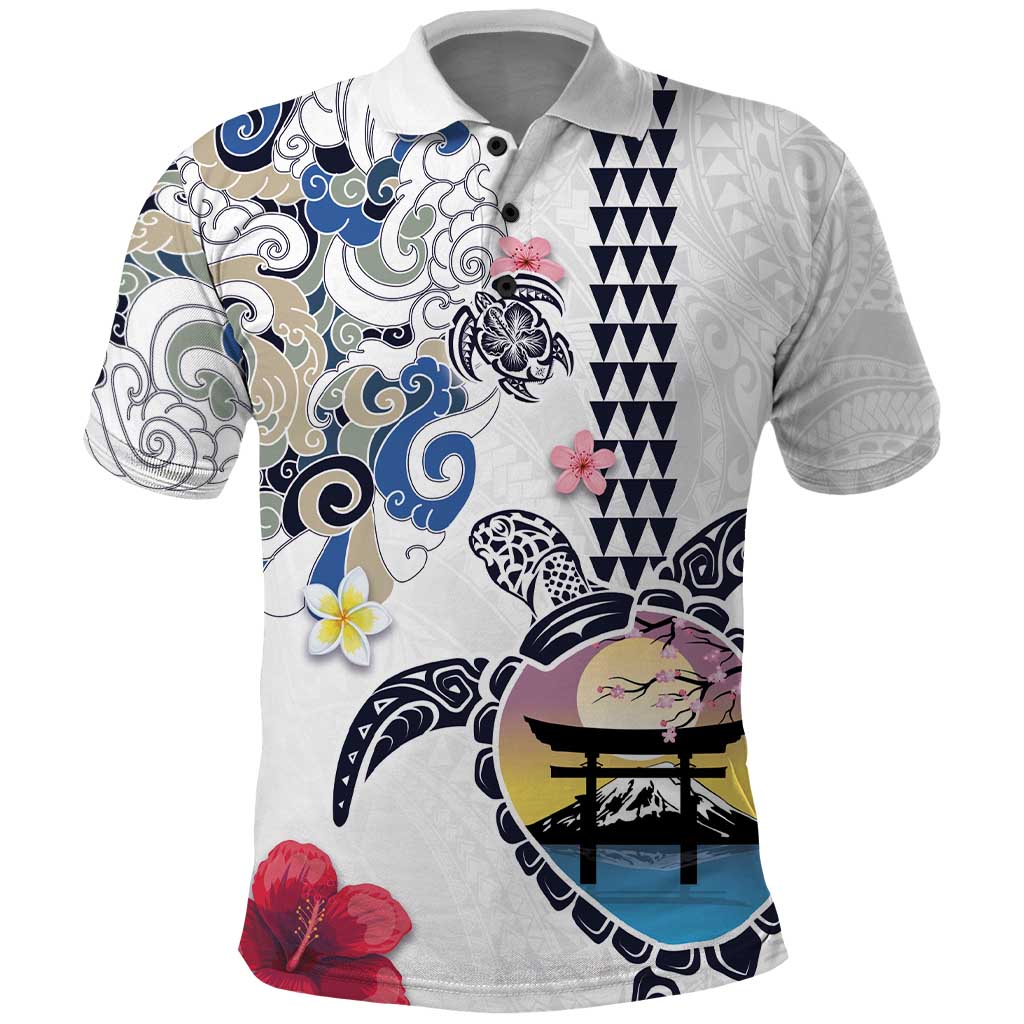 Hawaiian and Japanese Together Polo Shirt Japanese Culture and Turtle Kakau Tattoo White Color LT03 White - Polynesian Pride