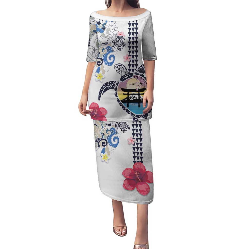 Hawaiian and Japanese Together Puletasi Japanese Culture and Turtle Kakau Tattoo White Color LT03 Long Dress White - Polynesian Pride
