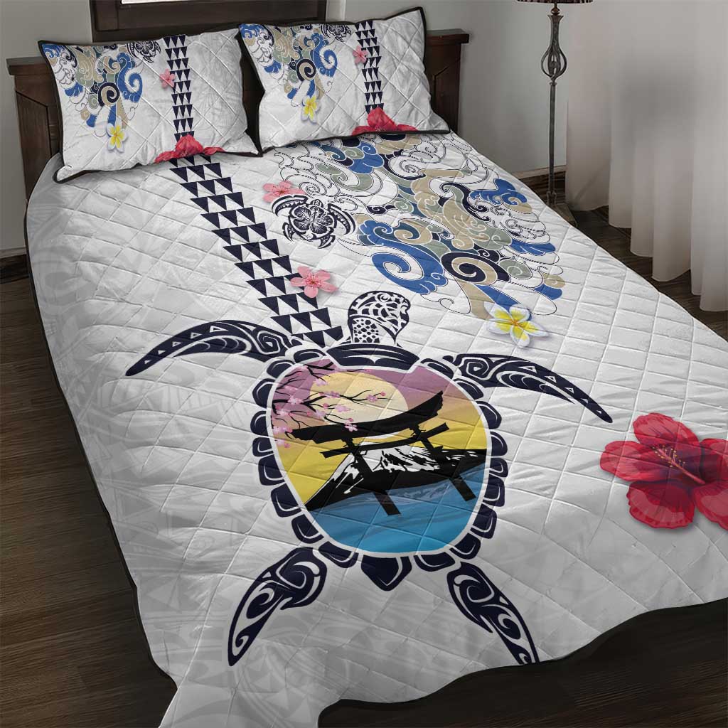 Hawaiian and Japanese Together Quilt Bed Set Japanese Culture and Turtle Kakau Tattoo White Color LT03 White - Polynesian Pride