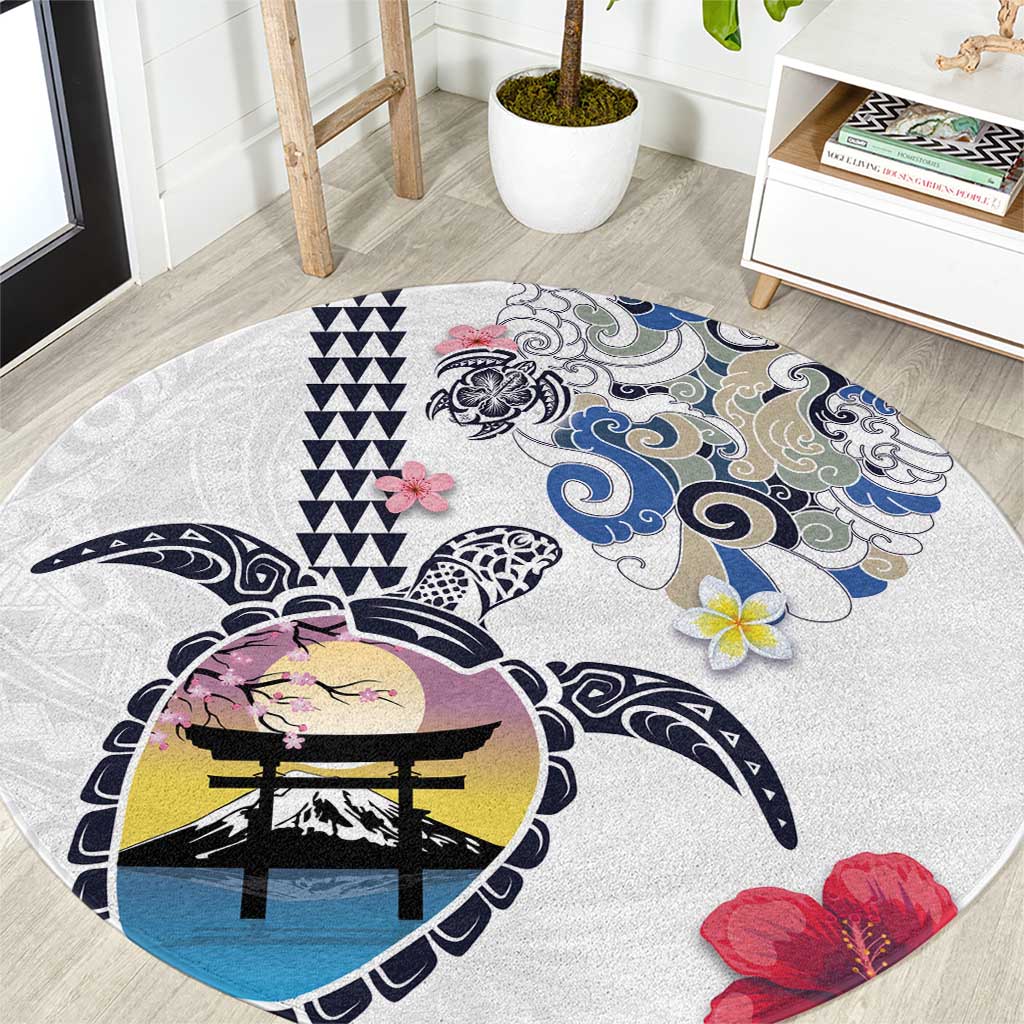Hawaiian and Japanese Together Round Carpet Japanese Culture and Turtle Kakau Tattoo White Color LT03 White - Polynesian Pride