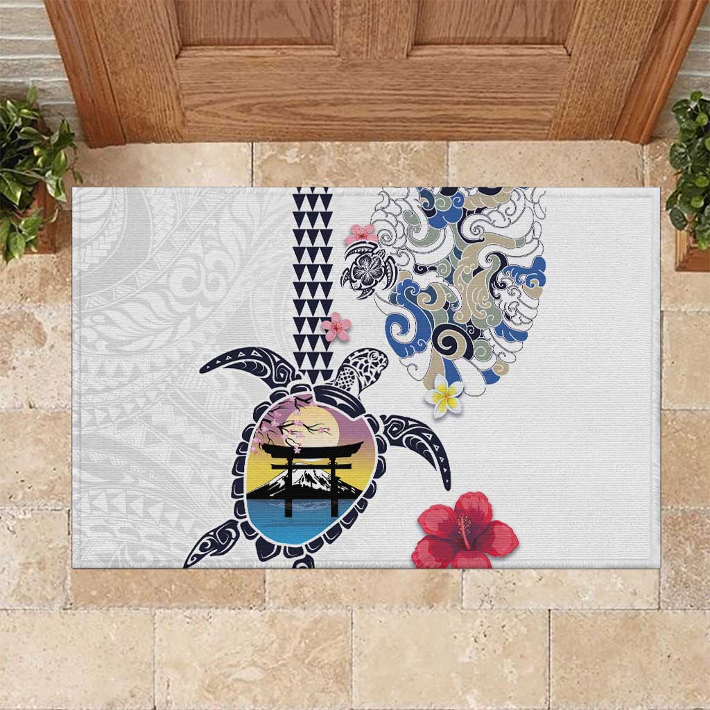 Hawaiian and Japanese Together Rubber Doormat Japanese Culture and Turtle Kakau Tattoo White Color LT03 White - Polynesian Pride