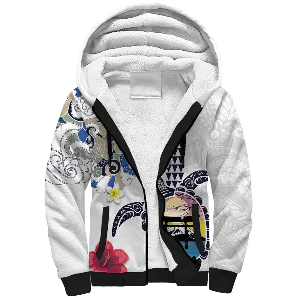 Hawaiian and Japanese Together Sherpa Hoodie Japanese Culture and Turtle Kakau Tattoo White Color LT03 Unisex White - Polynesian Pride
