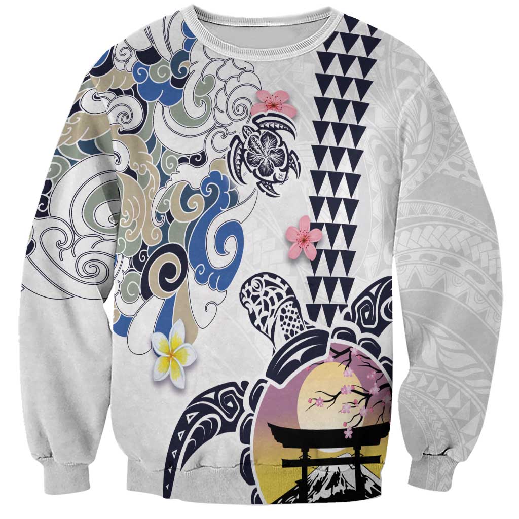 Hawaiian and Japanese Together Sweatshirt Japanese Culture and Turtle Kakau Tattoo White Color LT03 Unisex White - Polynesian Pride