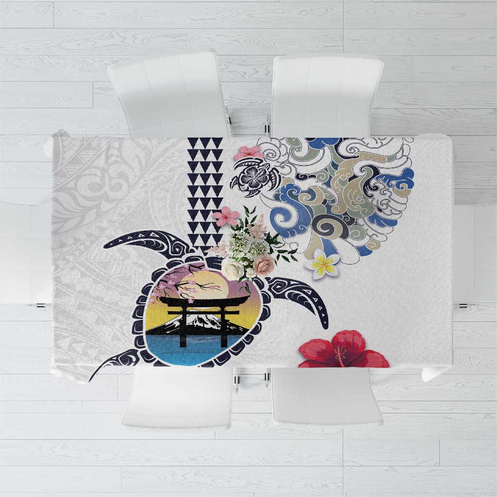 Hawaiian and Japanese Together Tablecloth Japanese Culture and Turtle Kakau Tattoo White Color