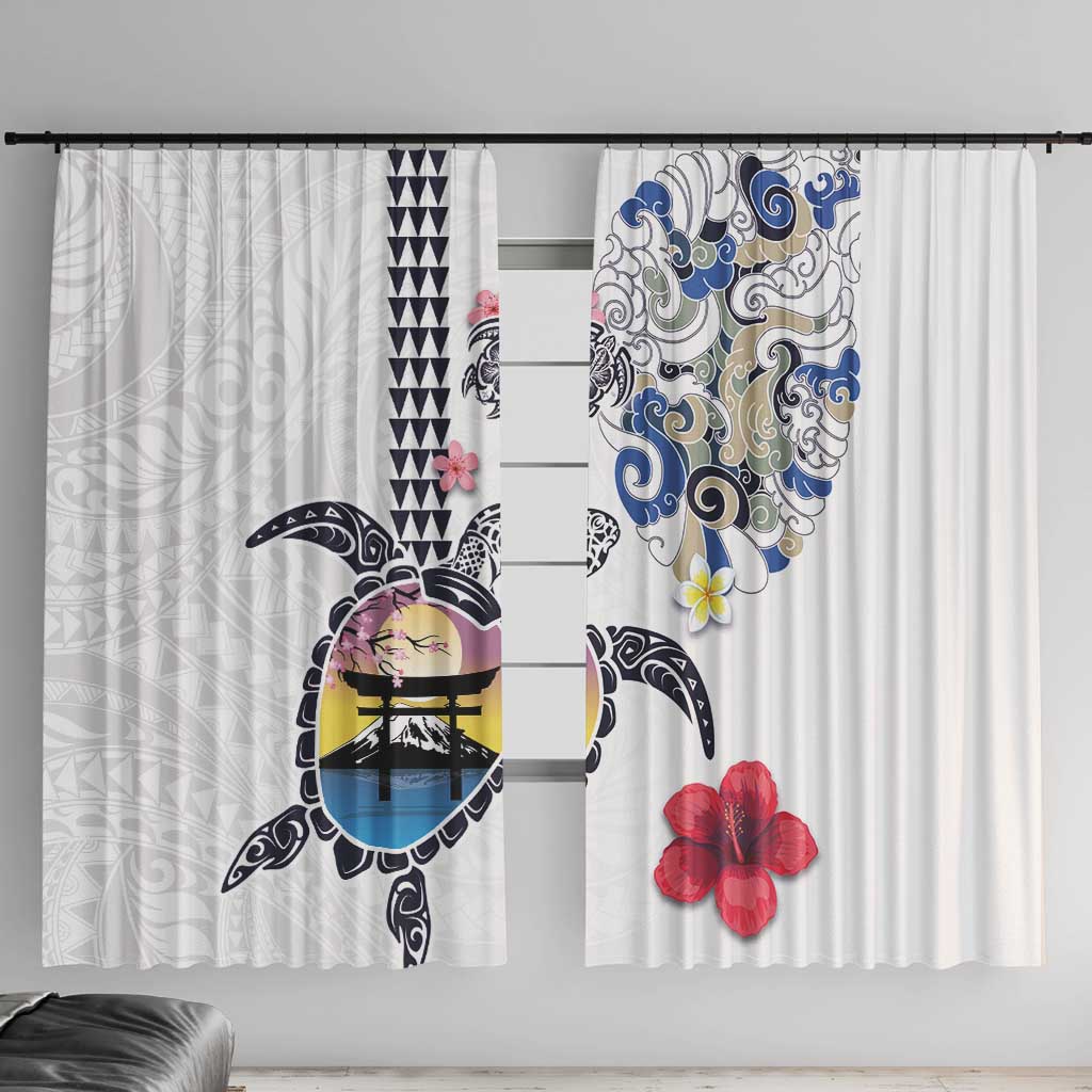 Hawaiian and Japanese Together Window Curtain Japanese Culture and Turtle Kakau Tattoo White Color LT03 With Hooks White - Polynesian Pride