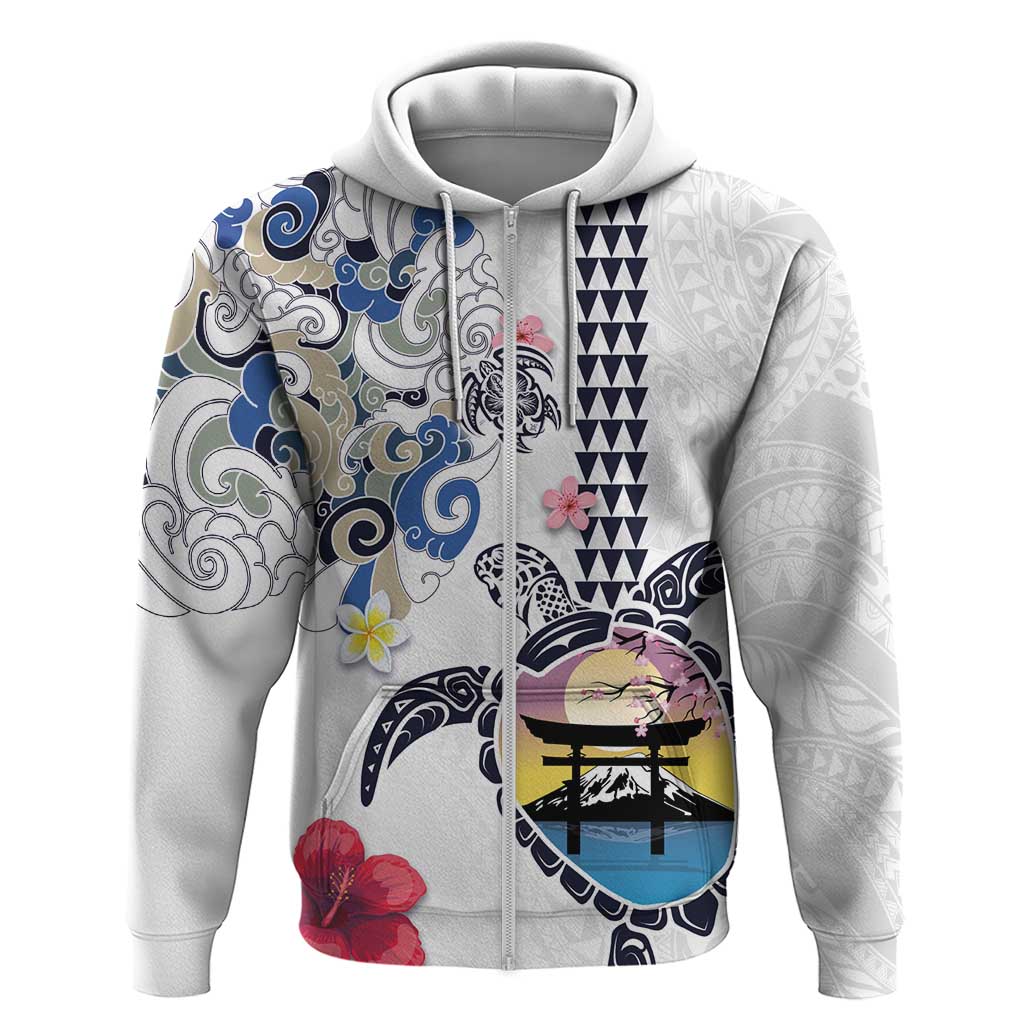 Hawaiian and Japanese Together Zip Hoodie Japanese Culture and Turtle Kakau Tattoo White Color