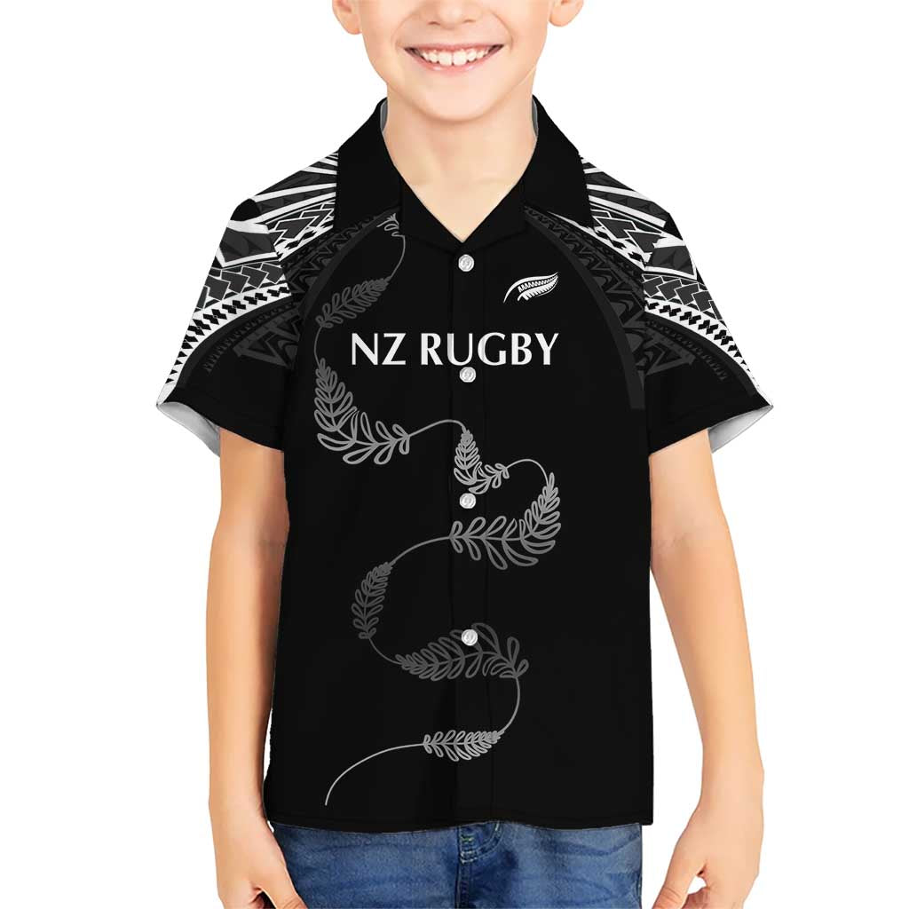 New Zealand Rugby Custom Kid Hawaiian Shirt Aotearoa Armour Blacks Silver Ferns LT03 Kid Black - Polynesian Pride
