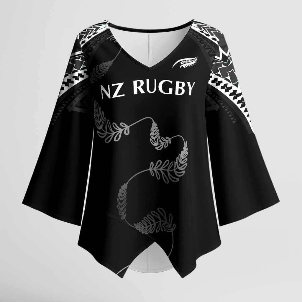 New Zealand Rugby Custom Kimono Sleeve Blouse Aotearoa Armour Blacks Silver Ferns LT03 Female Black - Polynesian Pride