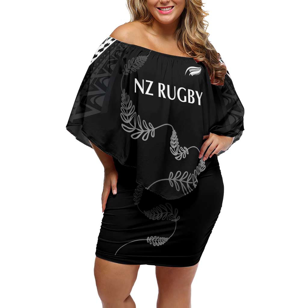 New Zealand Rugby Custom Off Shoulder Short Dress Aotearoa Armour Blacks Silver Ferns LT03 Women Black - Polynesian Pride
