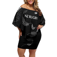 New Zealand Rugby Custom Off Shoulder Short Dress Aotearoa Armour Blacks Silver Ferns LT03 Women Black - Polynesian Pride