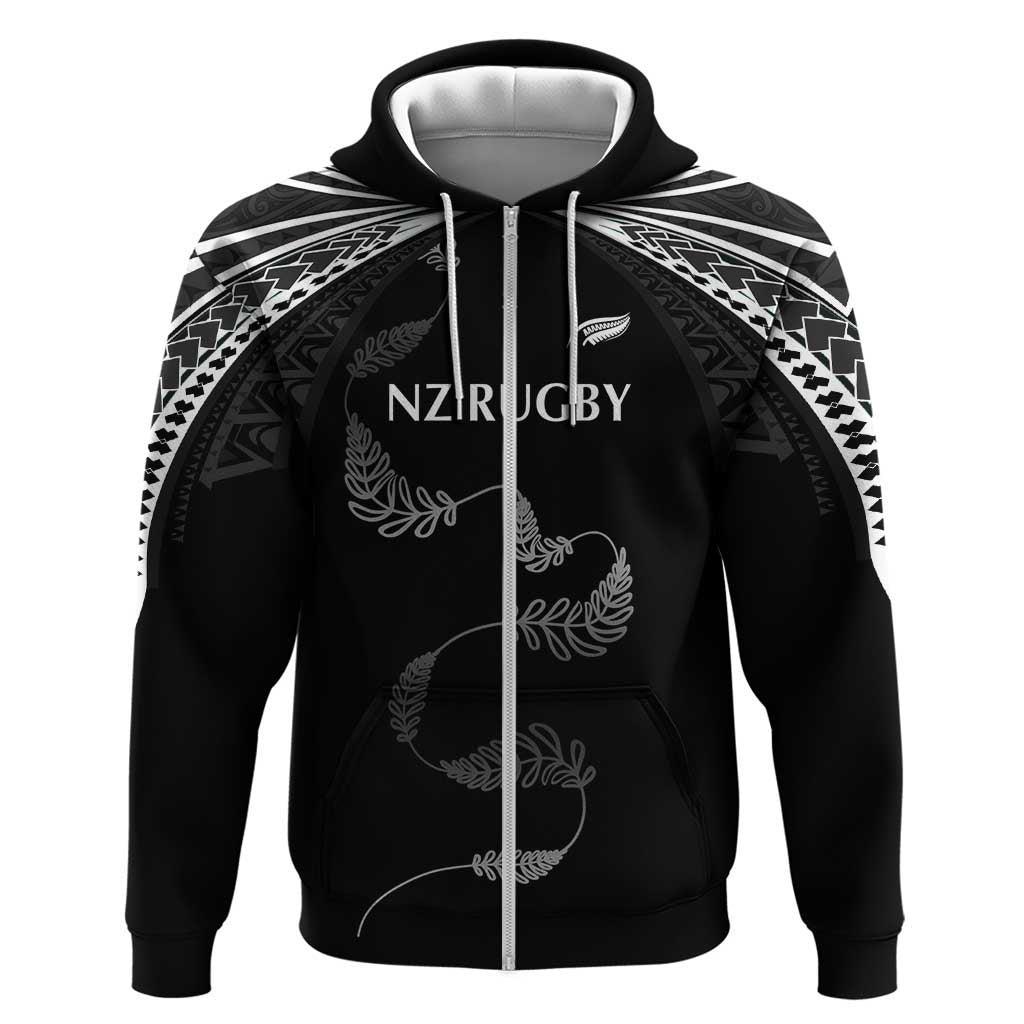 New Zealand Rugby Custom Zip Hoodie Aotearoa Armour Blacks Silver Ferns LT03 Zip Hoodie Black - Polynesian Pride