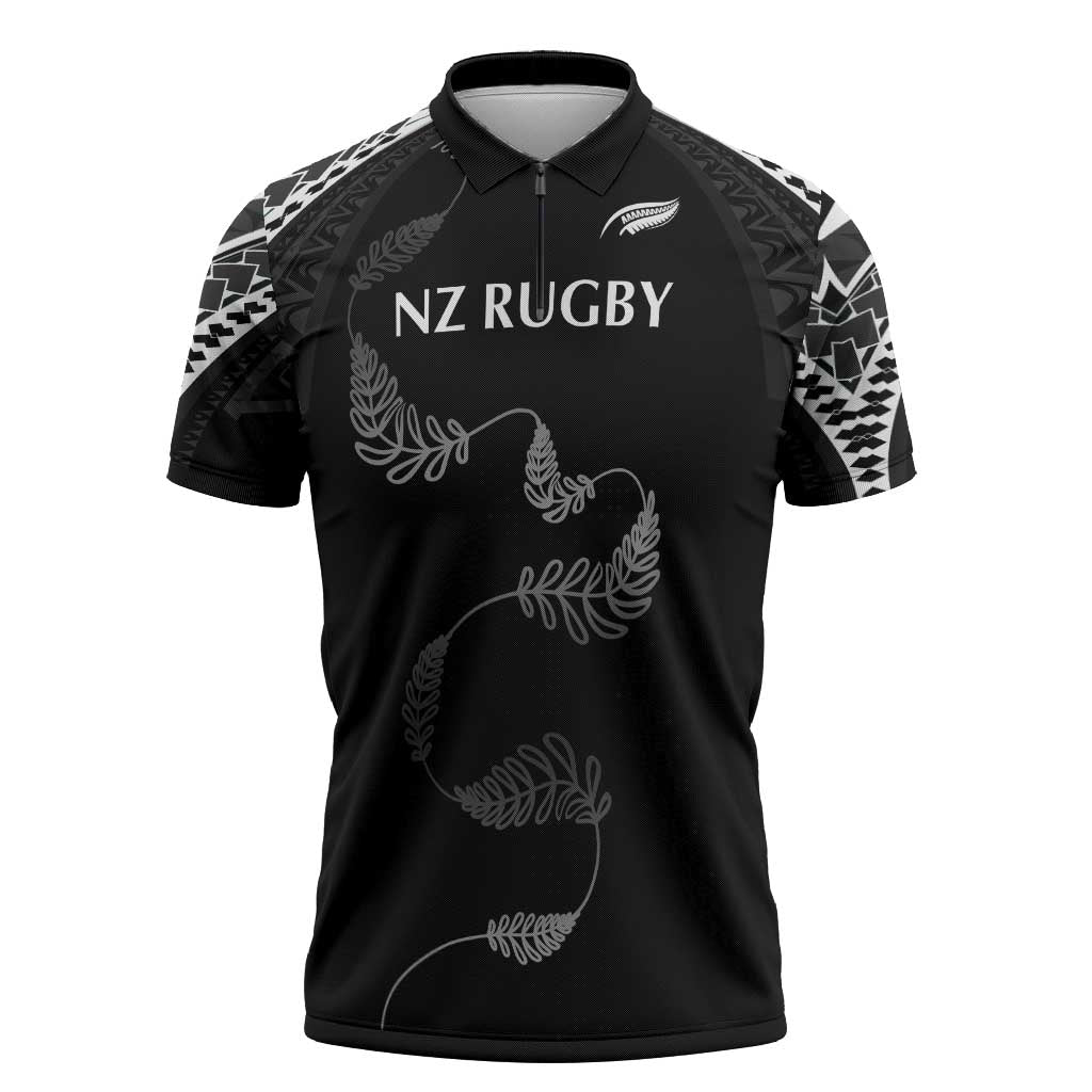 New Zealand Rugby Custom Zipper Polo Shirt Aotearoa Armour Blacks Silver Ferns LT03 Black - Polynesian Pride