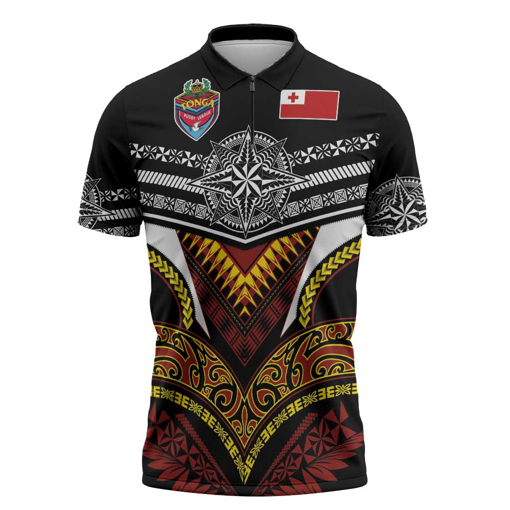 Tonga Rugby Custom Zipper Polo Shirt Mana o Tonga-Tribal Heritage Edition Black Color LT03 Red - Polynesian Pride