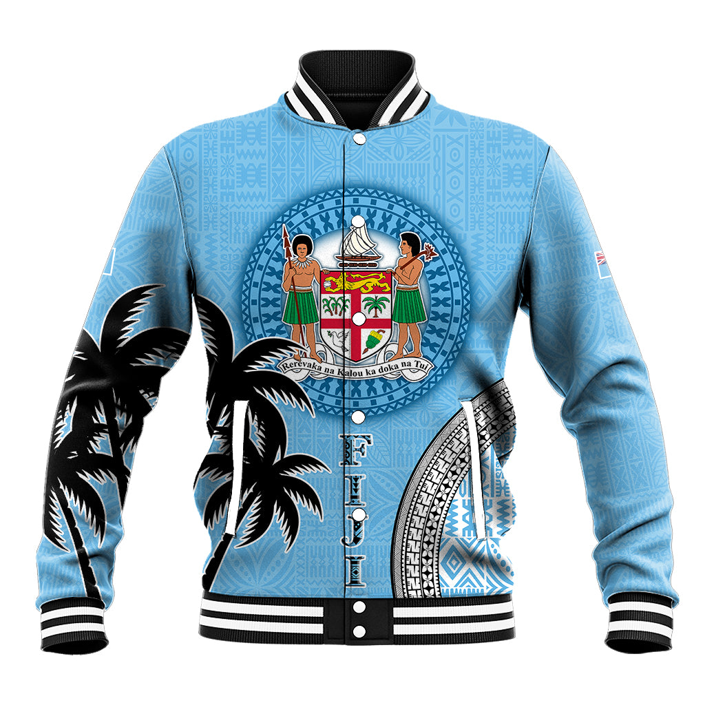 Personalised Fiji Baseball Jacket Tapa Pattern Fijian Coat of Arms and Palm Tree LT03 Unisex Blue - Polynesian Pride