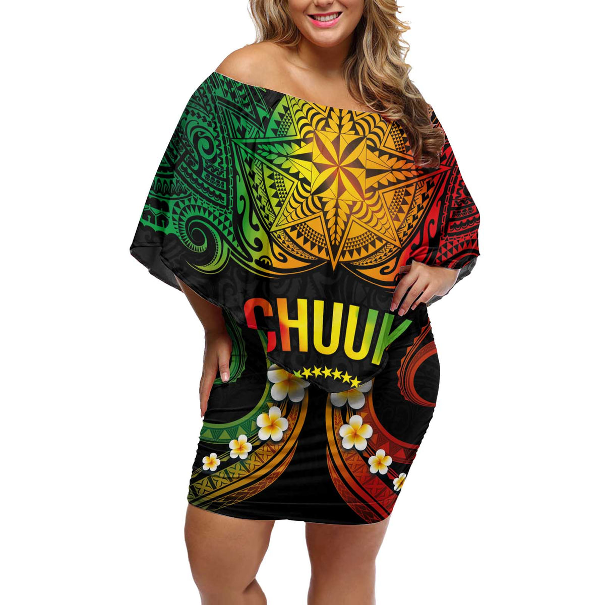 Personalised Chuuk Independence Day Off Shoulder Short Dress Polynesian Tattoo and Plumeria Reggae Color LT03 Women Reggae - Polynesian Pride