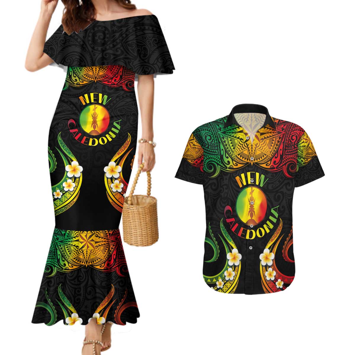 Personalised New Caledonia Independence Day Couples Matching Mermaid Dress and Hawaiian Shirt Polynesian Tattoo and Plumeria Reggae Color