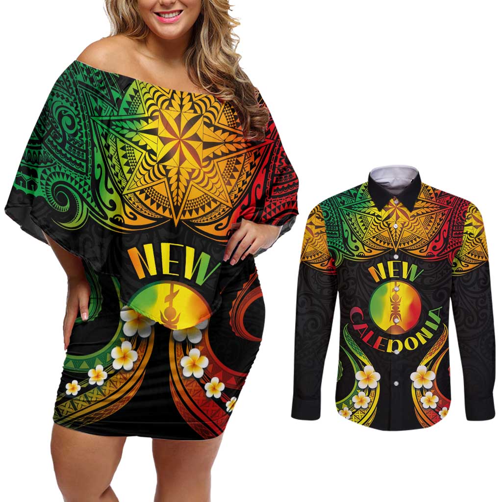 Personalised New Caledonia Independence Day Couples Matching Off Shoulder Short Dress and Long Sleeve Button Shirt Polynesian Tattoo and Plumeria Reggae Color