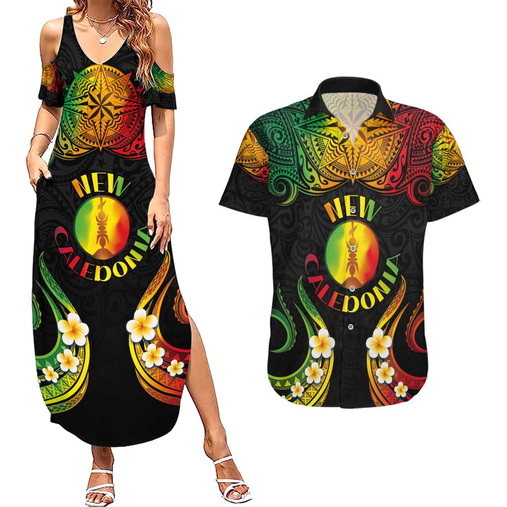 Personalised New Caledonia Independence Day Couples Matching Summer Maxi Dress and Hawaiian Shirt Polynesian Tattoo and Plumeria Reggae Color