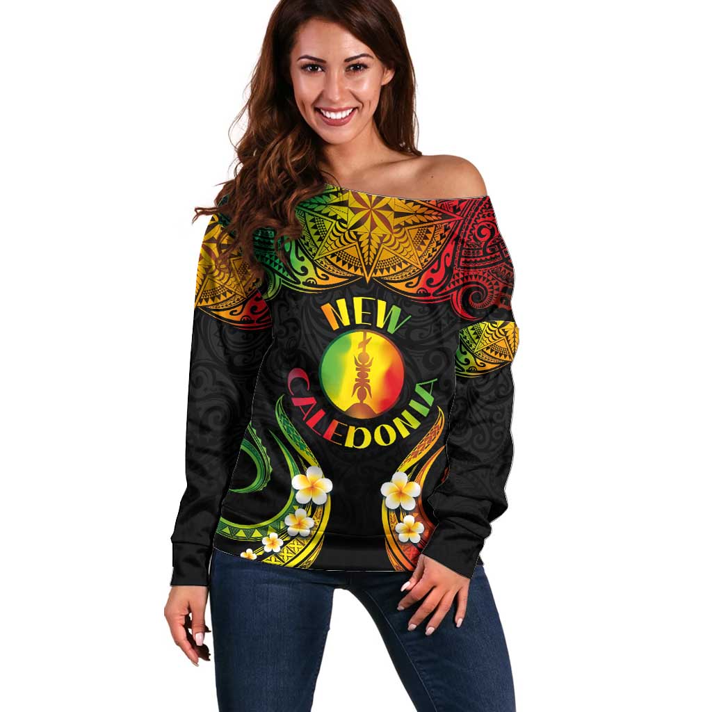 Personalised New Caledonia Independence Day Off Shoulder Sweater Polynesian Tattoo and Plumeria Reggae Color