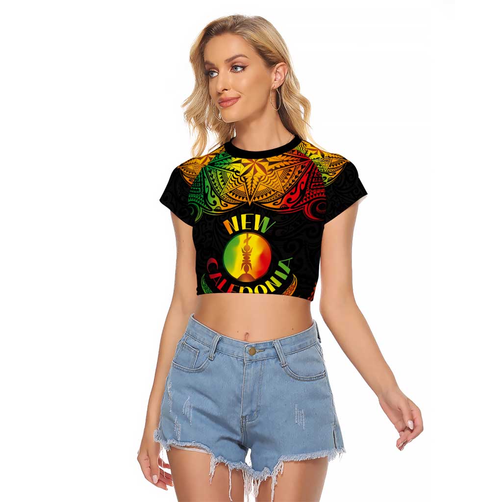 Personalised New Caledonia Independence Day Raglan Cropped T Shirt Polynesian Tattoo and Plumeria Reggae Color