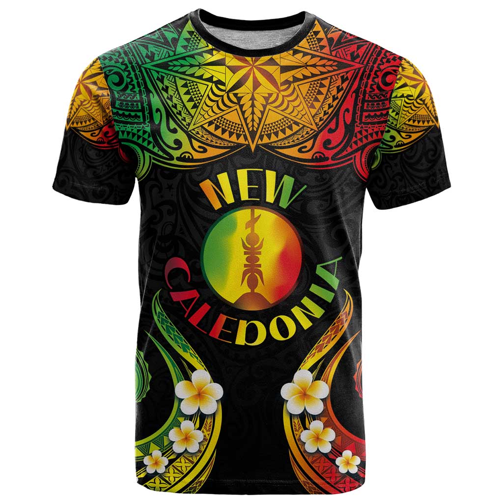 Personalised New Caledonia Independence Day T Shirt Polynesian Tattoo and Plumeria Reggae Color