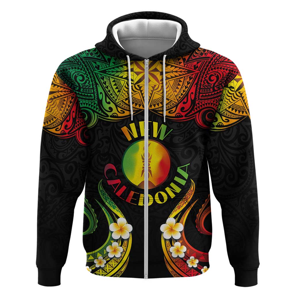 Personalised New Caledonia Independence Day Zip Hoodie Polynesian Tattoo and Plumeria Reggae Color