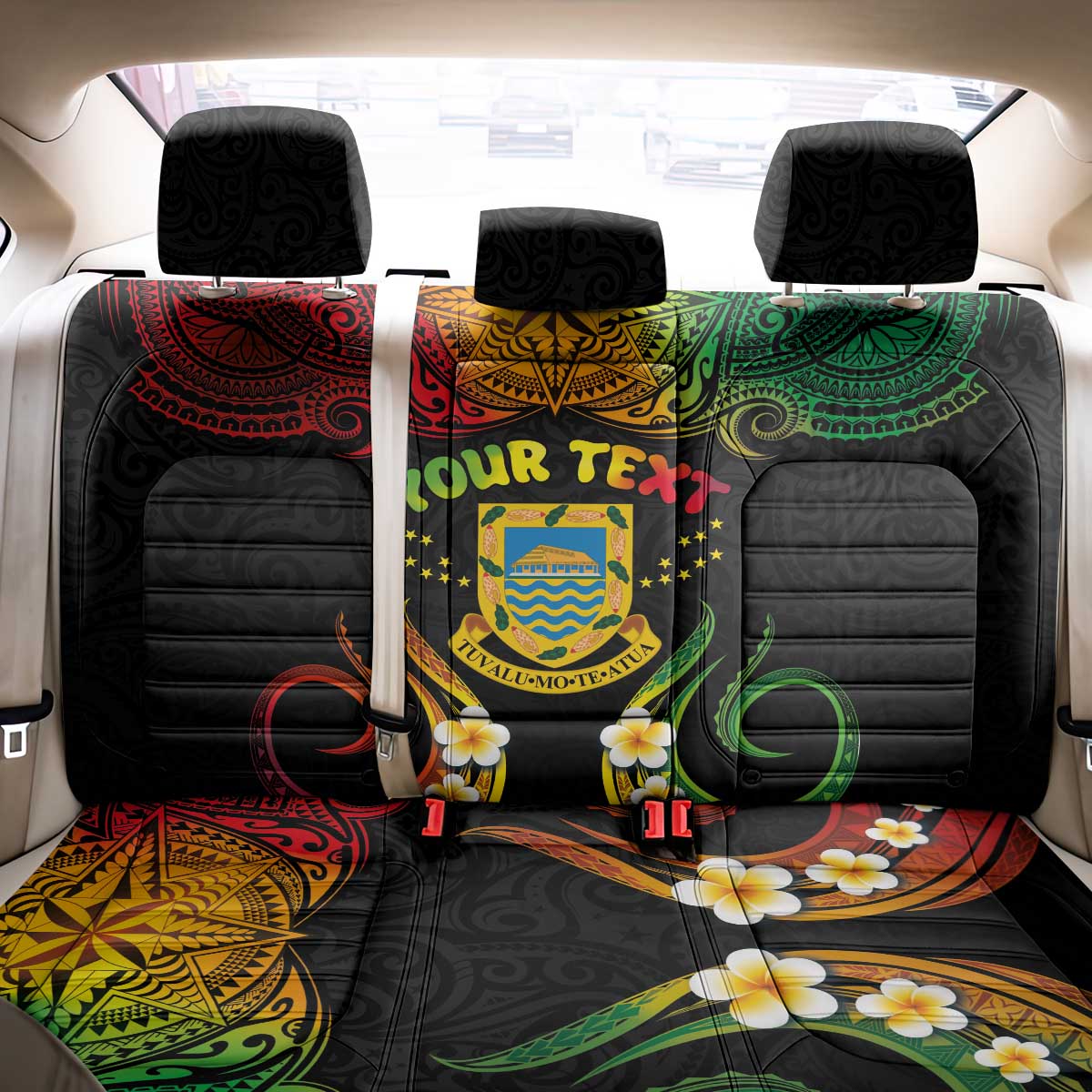 Personalised Tuvalu Independence Day Back Car Seat Cover Polynesian Tattoo and Plumeria Reggae Color LT03 - Polynesian Pride