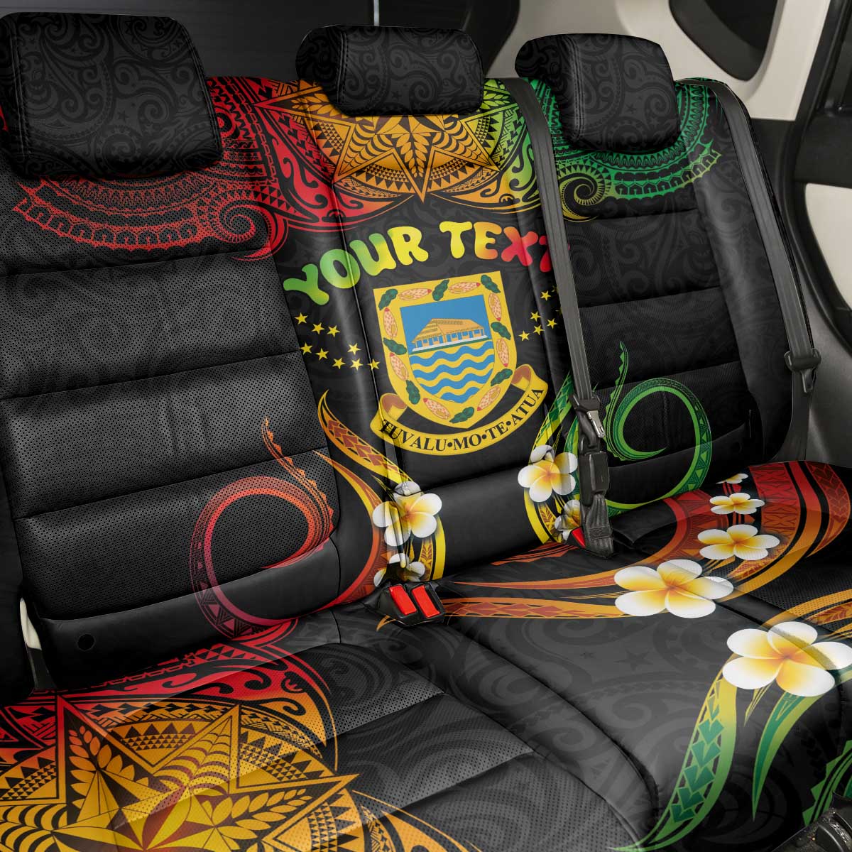 Personalised Tuvalu Independence Day Back Car Seat Cover Polynesian Tattoo and Plumeria Reggae Color LT03 - Polynesian Pride
