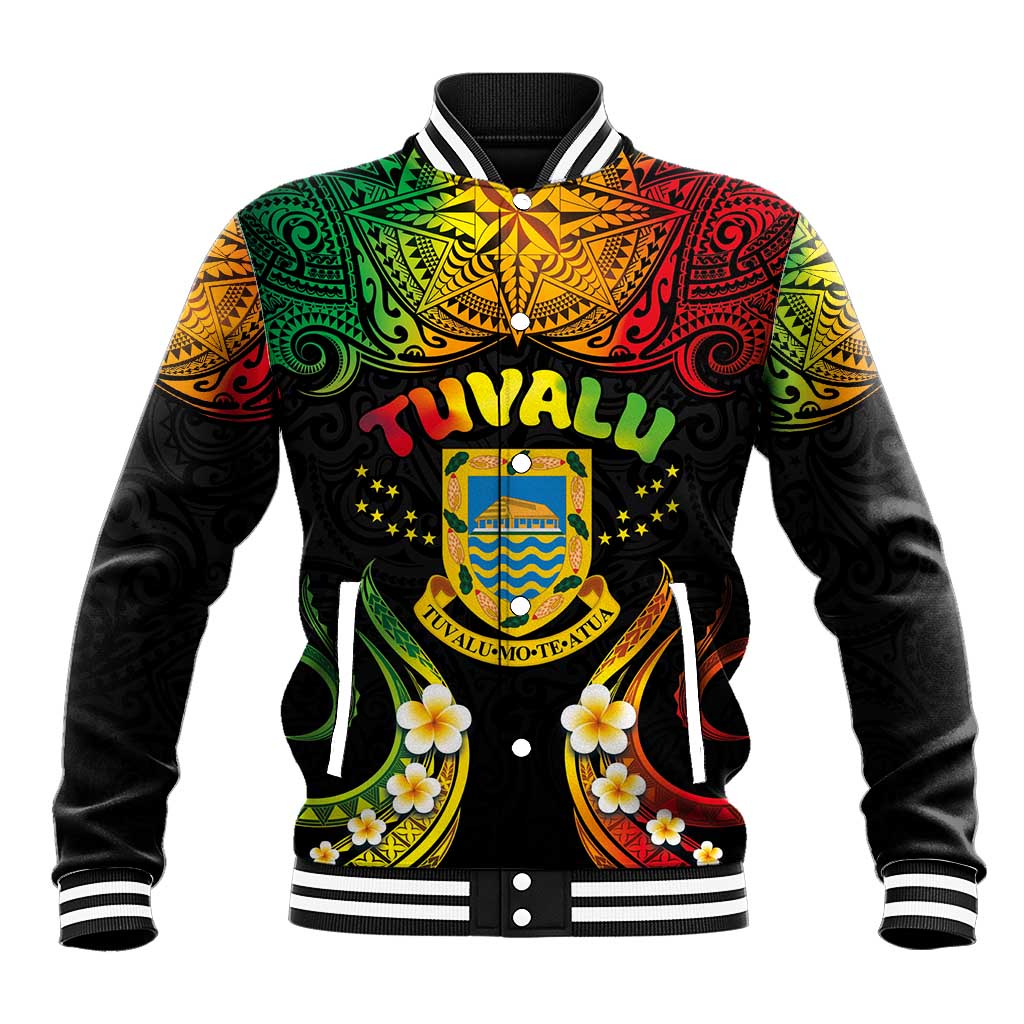 Personalised Tuvalu Independence Day Baseball Jacket Polynesian Tattoo and Plumeria Reggae Color