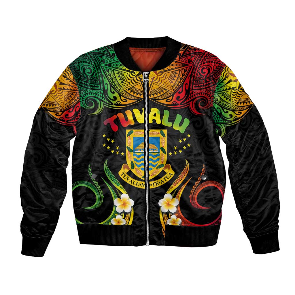 Personalised Tuvalu Independence Day Bomber Jacket Polynesian Tattoo and Plumeria Reggae Color