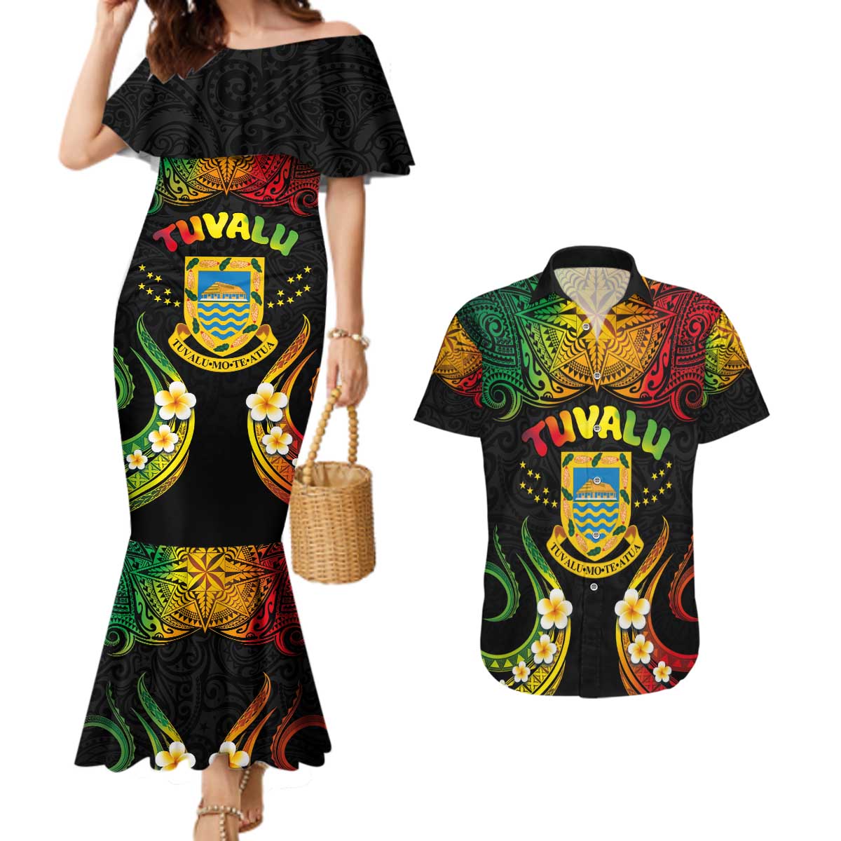 Personalised Tuvalu Independence Day Couples Matching Mermaid Dress and Hawaiian Shirt Polynesian Tattoo and Plumeria Reggae Color