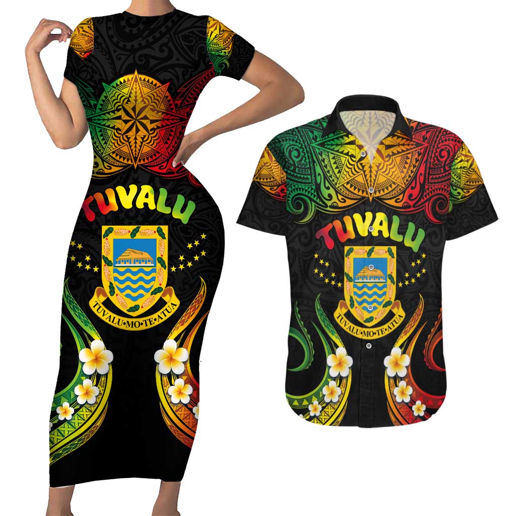 Personalised Tuvalu Independence Day Couples Matching Short Sleeve Bodycon Dress and Hawaiian Shirt Polynesian Tattoo and Plumeria Reggae Color