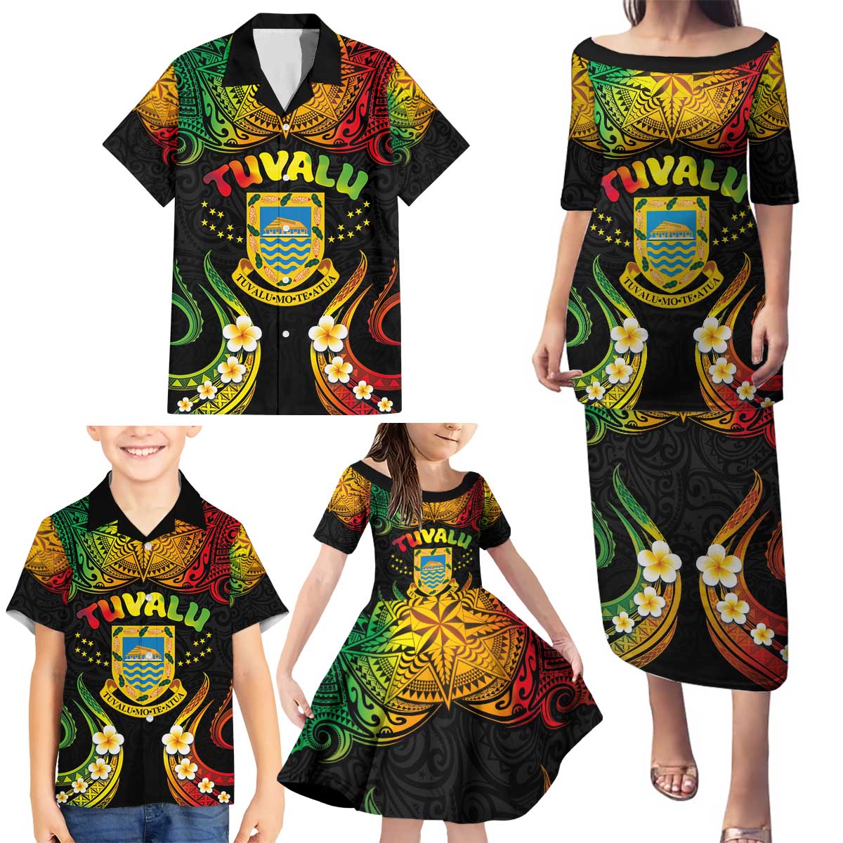 Personalised Tuvalu Independence Day Family Matching Puletasi and Hawaiian Shirt Polynesian Tattoo and Plumeria Reggae Color