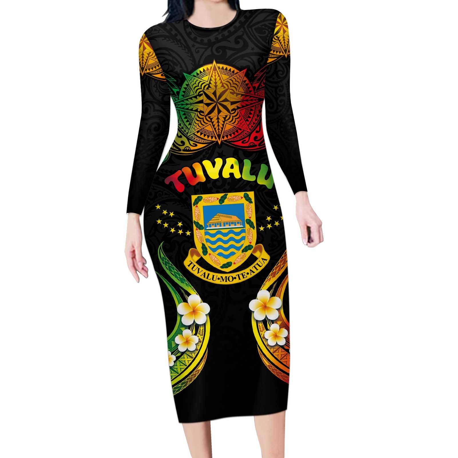 Personalised Tuvalu Independence Day Long Sleeve Bodycon Dress Polynesian Tattoo and Plumeria Reggae Color