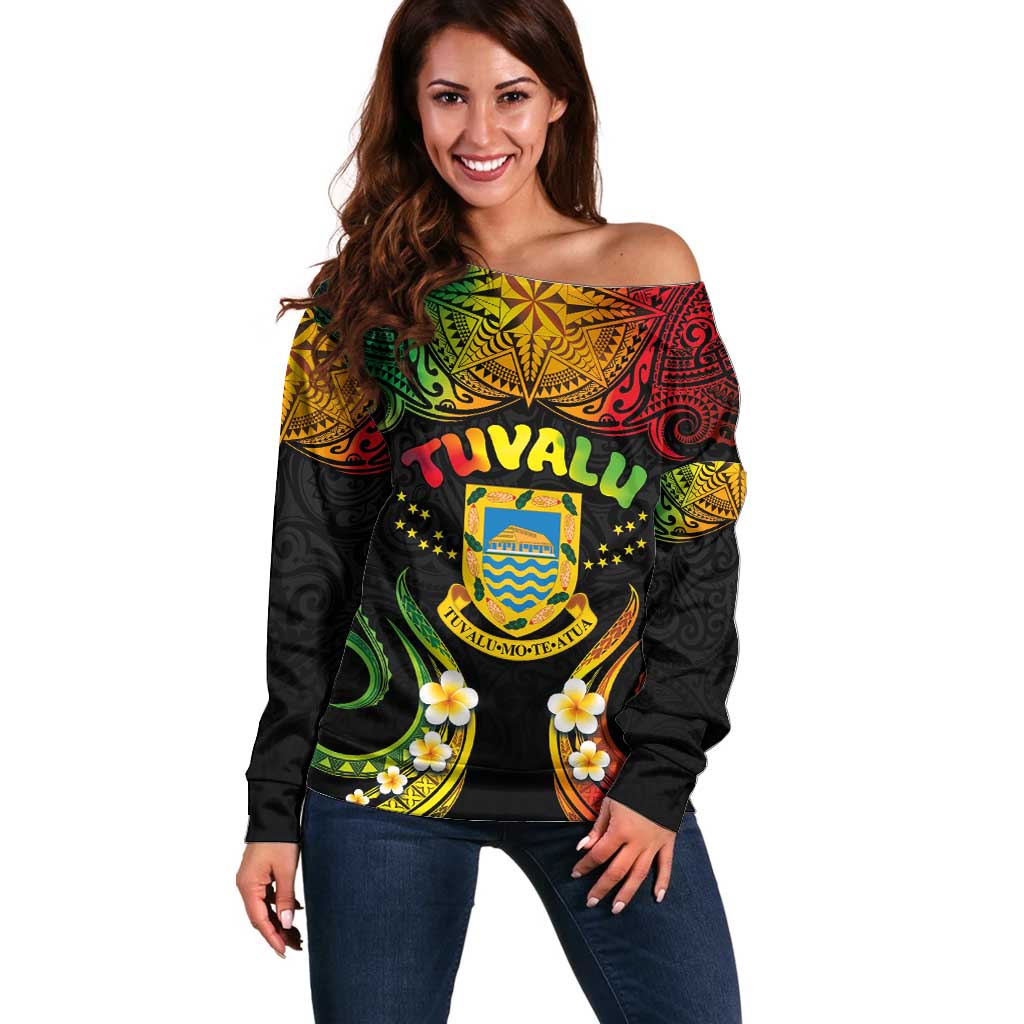Personalised Tuvalu Independence Day Off Shoulder Sweater Polynesian Tattoo and Plumeria Reggae Color LT03 Women Reggae - Polynesian Pride